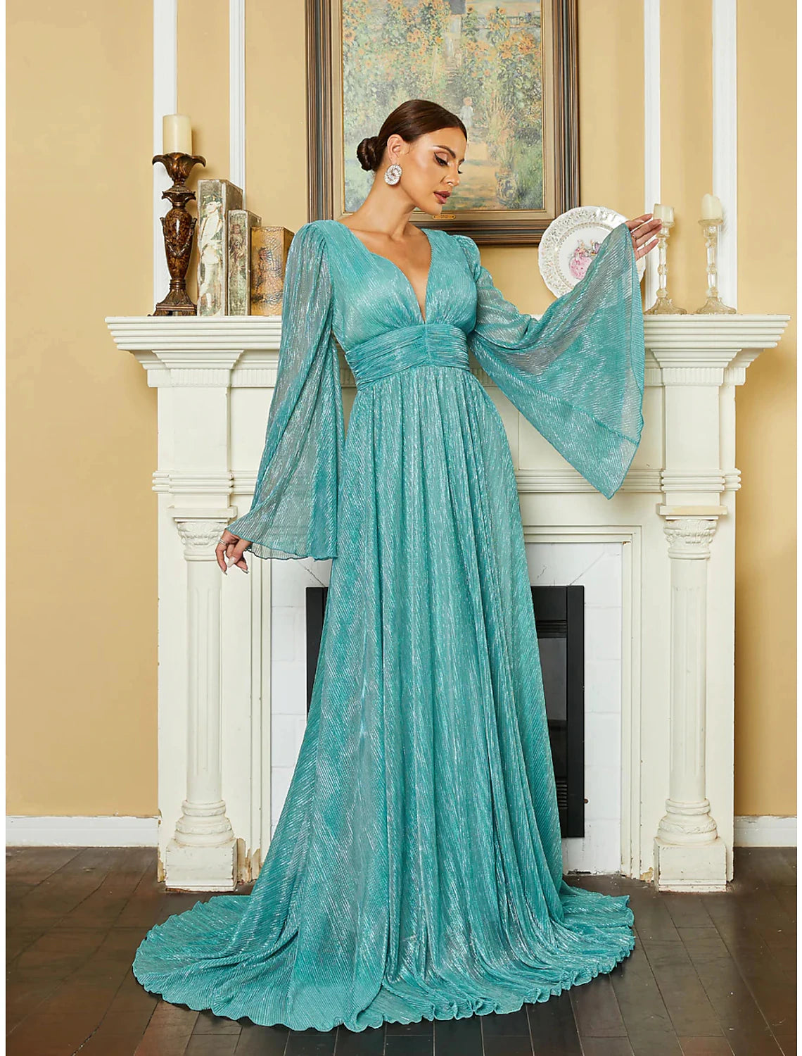 A-Linien-Abendkleid, elegantes Kleid, formelle Schleppe, lange Ärmel, V-Ausschnitt, Pailletten mit Glitzerfalten